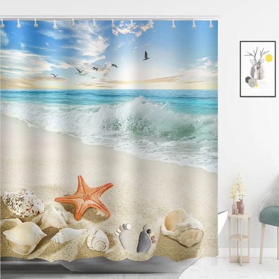 StarBeach Shower Curtains 3D Seashell Ocean Theme Waterproof Polyester Fabric Bathroom Decor with Bathtub Curtains