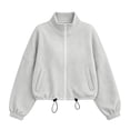 thumbnail image 5 of thefmos Women's Stand Collar Zip Up Long Sleeve Jacket with Pocket Drawstring Solid Color Casual Outerwear Trendy Spring Fall Outfit, Gray M, 5 of 9