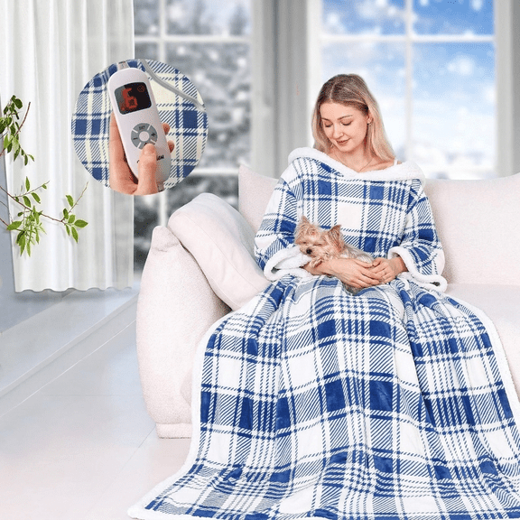 Ocuuziisu Wearable Heated Throw Blanket with Pockets, 50" x 70" Flannel and Sherpa Electric Wrap Poncho Shawl, 9 Heat Settings, 10-Hour Auto Shut Off, Machine Washable, Blue Plaid