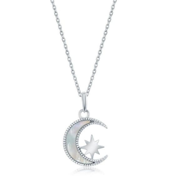 Beaux Bijoux Crescent Moon with Star Mother of Pearl 16 2” Celestial Necklace Sterling Silver Jewelry for Women or Teens