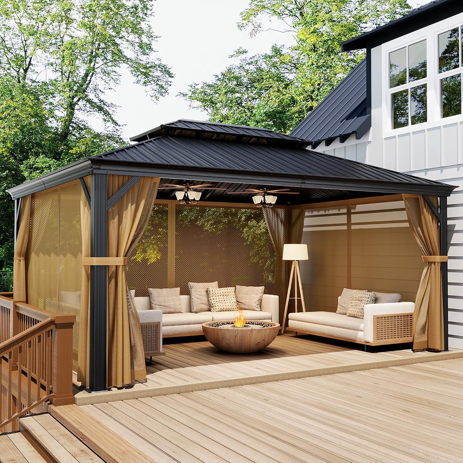 COSIEST 12'x16' Hardtop Gazebo Rustproof Double Roof Metal Roof with Netting and Curtains,Durable Outdoor Pavilion for Patio,Lawn and Garden