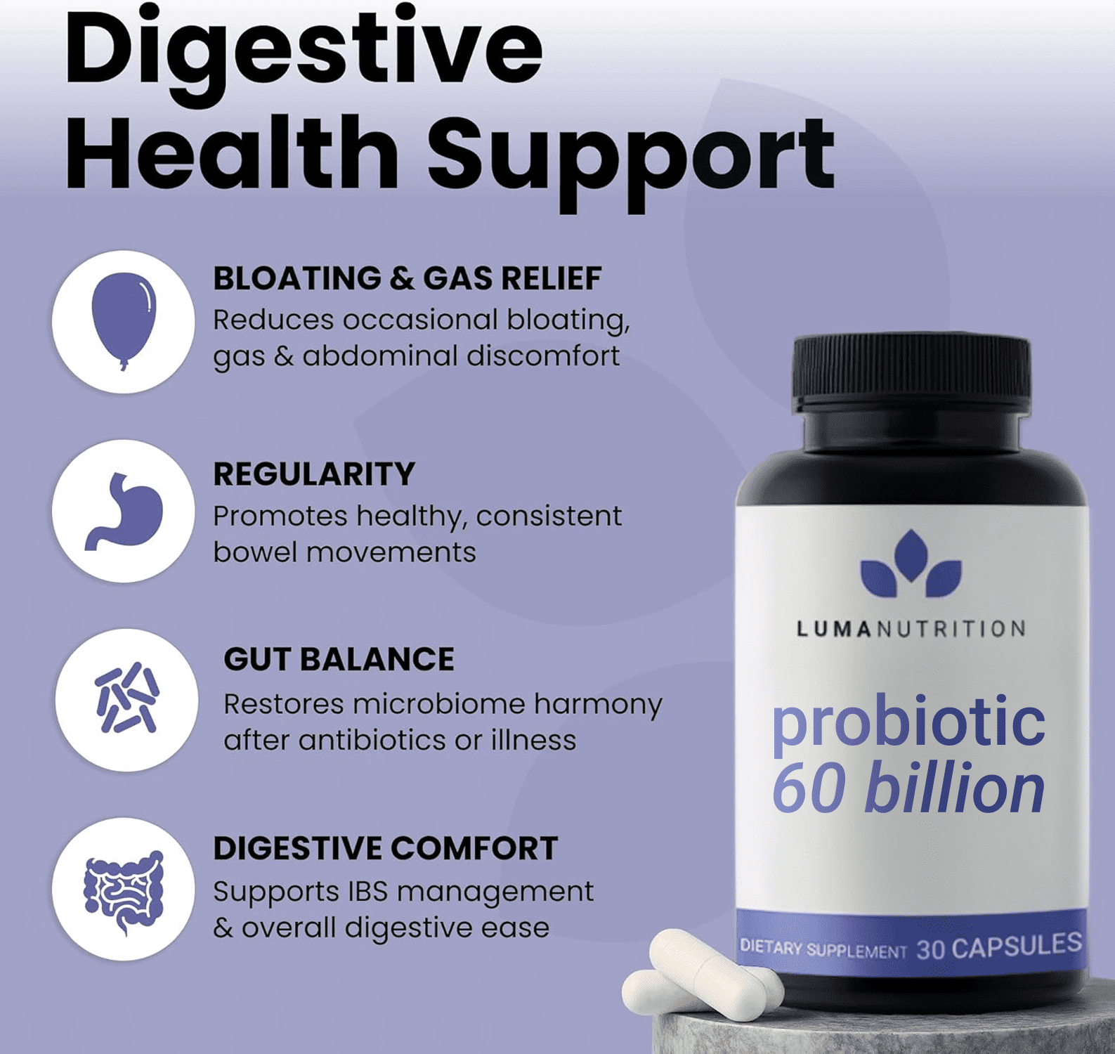 Luma Nutrition Probiotics 60 Billion CFU Per Serving with Prebiotics - Probiotics For Women - Probiotics For Men - Formulated For Digestive Health - 60 Capsules, 30 Servings