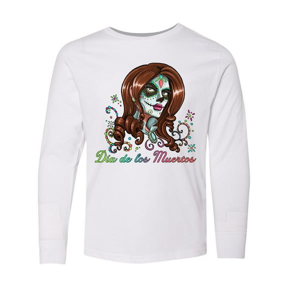 Inktastic Día de los Muertos Woman in Sugar Skull Makeup Long Sleeve Youth T-Shirt