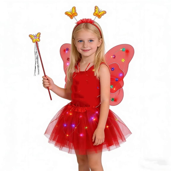RTKFRFLM Light Up Butterfly Wings for Girls 4-Piece LED Fairy Wings Set Tutu Skirt Magic Wand and Headband Glowing Sparkle Princess Dress Up Role Play Toy for Kids Ages 3-10 Years