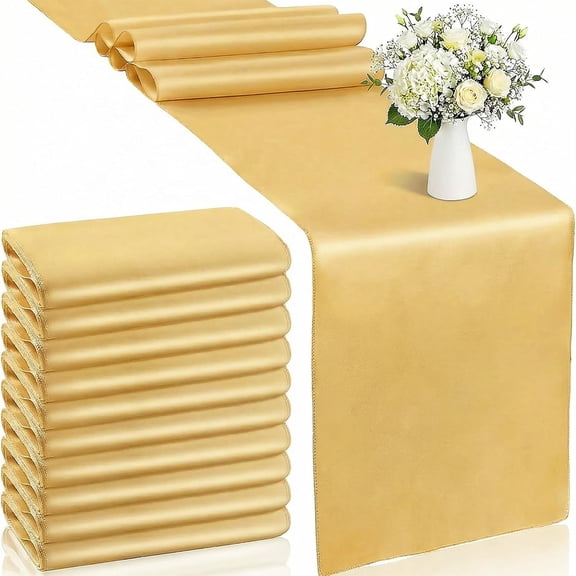 Jeffbaubl 10 Pack Gold Table Runner, 12 x 108 Inch Satin Tables Runner, Long Smooth Table Runners for Wedding Party Banquet Birthday Graduations Decoration