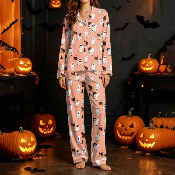 Ladies Halloween Loungewear Pajama Set Print Top and Bottom Home Sleepwear