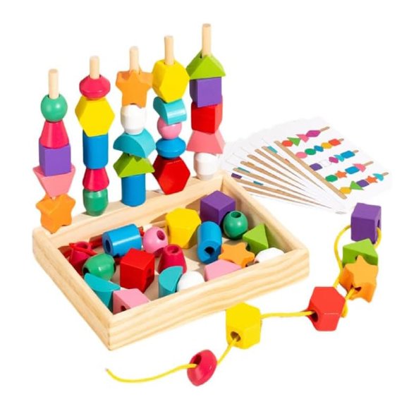 XFGOU Montessori Wooden Tether Beads Toys and Hobbies Montessori Wooden Lacing Beads Toy Set With Storage Box Educational STEM Preschool Learning Toy For 2 3 4 Year Old Toddlers Education