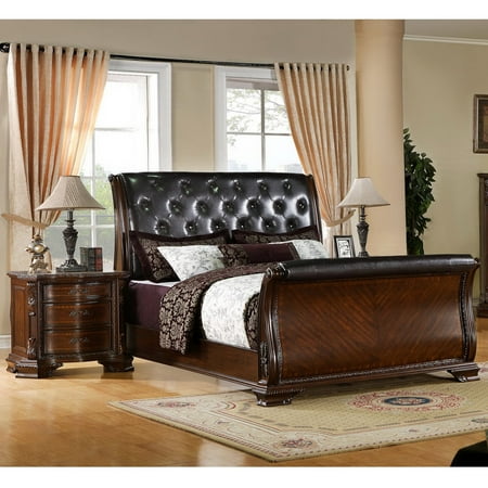 Furniture Of America Luxury Brown Cherry Leatherette Baroque Style Furniture Of America Luxury Brown Cherry Leatherette Baroque Style Sleigh Bed With Nightstand Bedroom Set California King