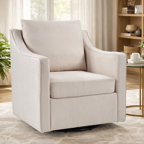 EBELLO Upholstered Accent Chair, Yarn-Dyed Fabric Swivel Chair, Modern Minimalist Armchair with Lumbar Pillow for Living Room, Bedroom (1 Pack, White)