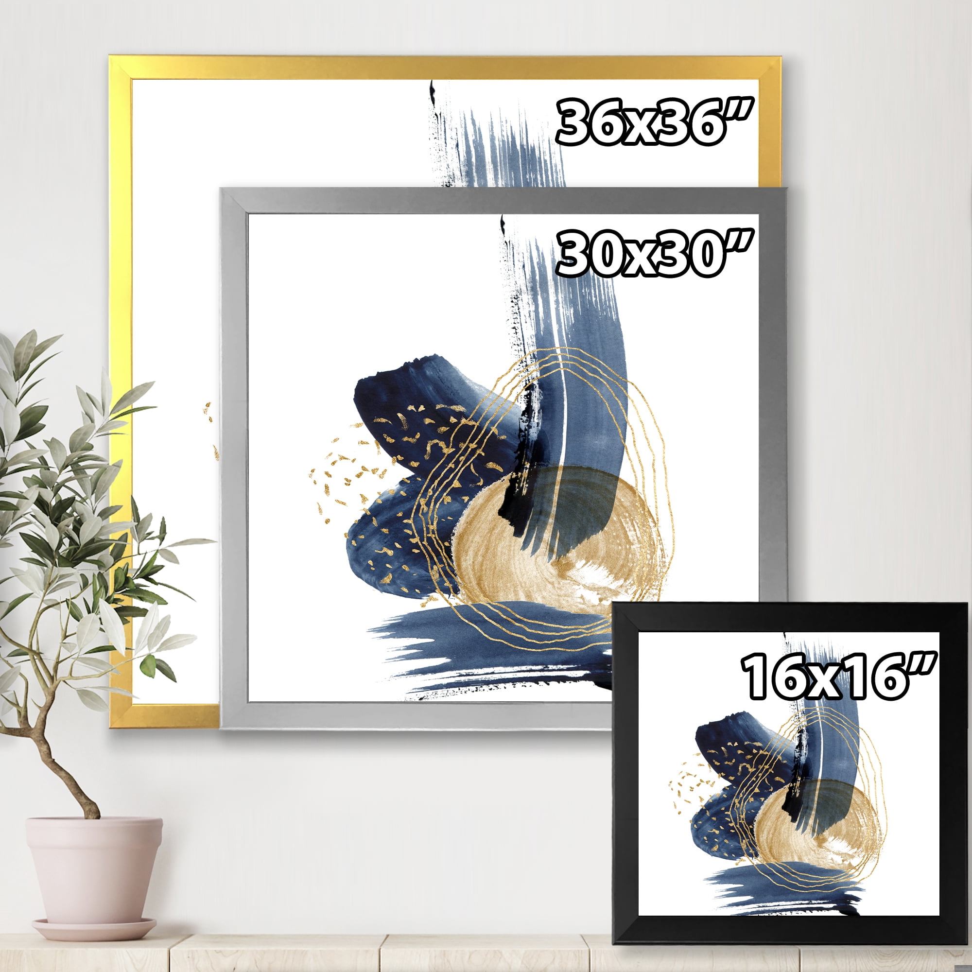 Designart 'Gold Strokes and Landscape of Dark Blue Mountains II' Modern Framed Art Print