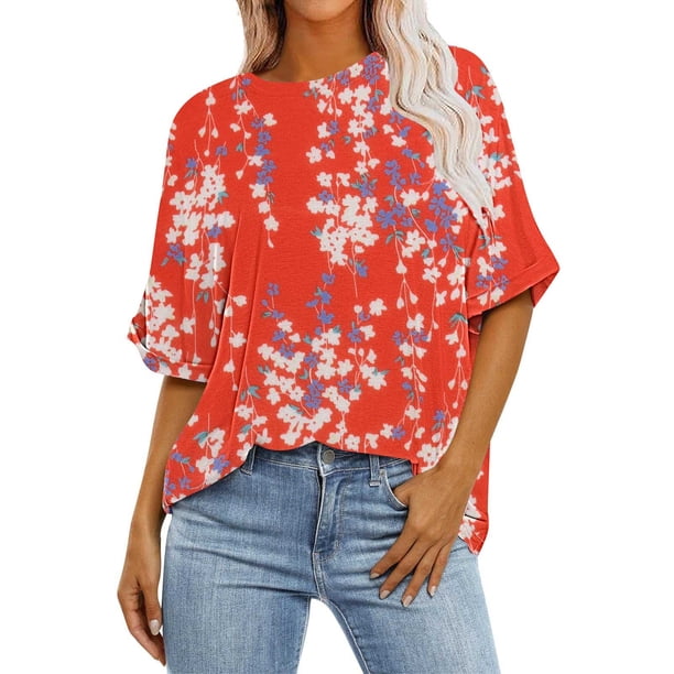 Camisas de Manga Corta para las Mujeres Blusa Suelta de Impresión Recortada Casual, 95% Poliéster 5% Spandex Top para Gimnasio, Diario Y Verano