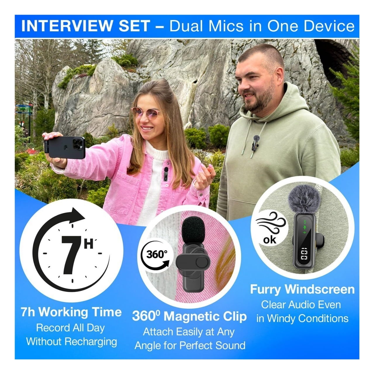 Wireless Lavalier Microphone for iPhone Mini Mic Android/Tablet/PC Video Recording Clip-on Mics with Rotatable Clip&Denoise Recording, Ideal for Vlog Tiktok Youtube Podcast Content Creator