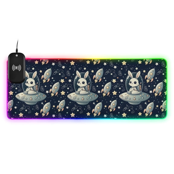 Wireless Charging Mouse Pad Large RGB Gaming Desk Mat 13 Light Modes Mousepad 31.5x11.8 Rabbit in Ufo