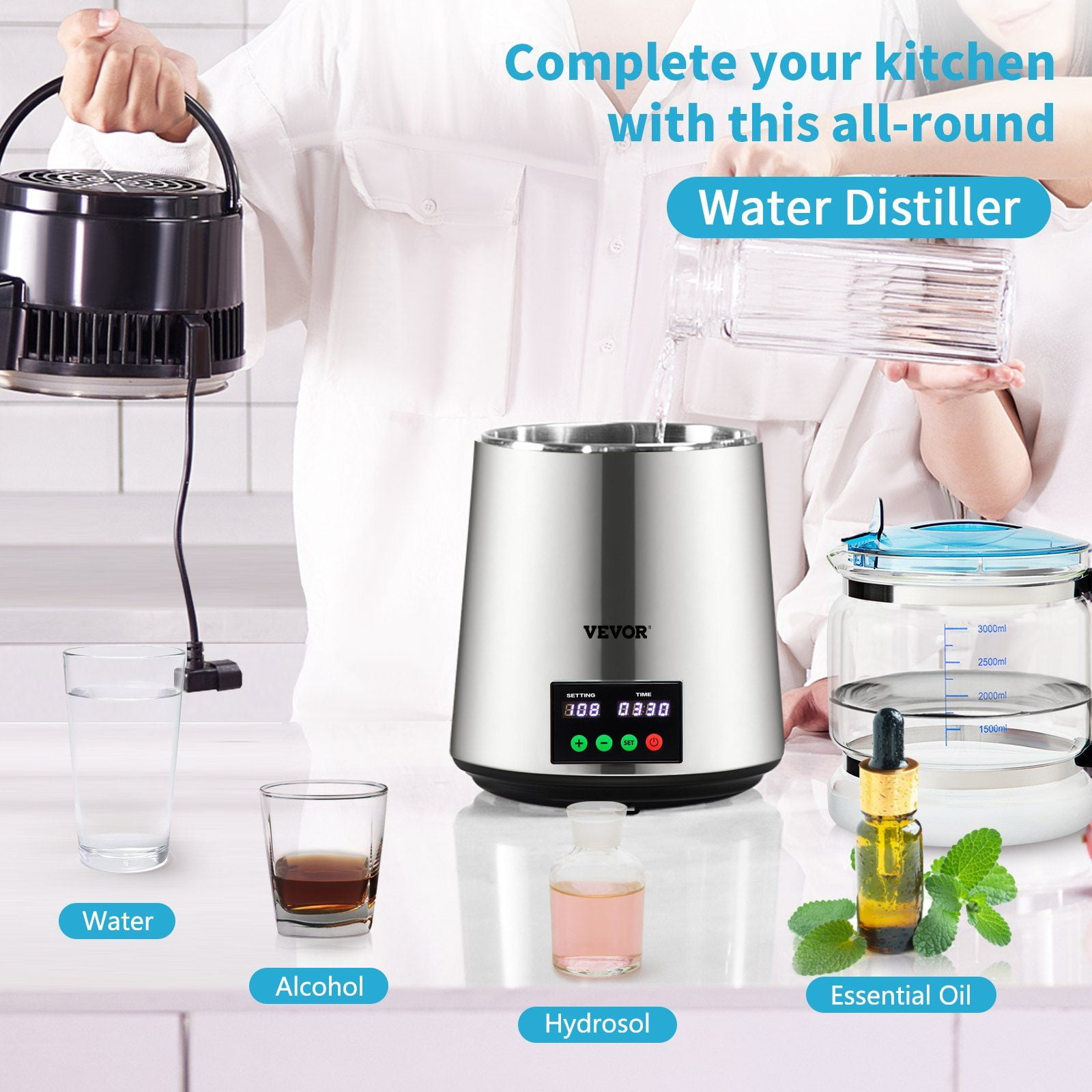 1.1 Gal Stainless Steel Water Distiller, 750W Fast Distilling (0.3 Gal/H), Adjustable Timer & Temp Display, Includes Glass Carafe & Cleaning Accessories