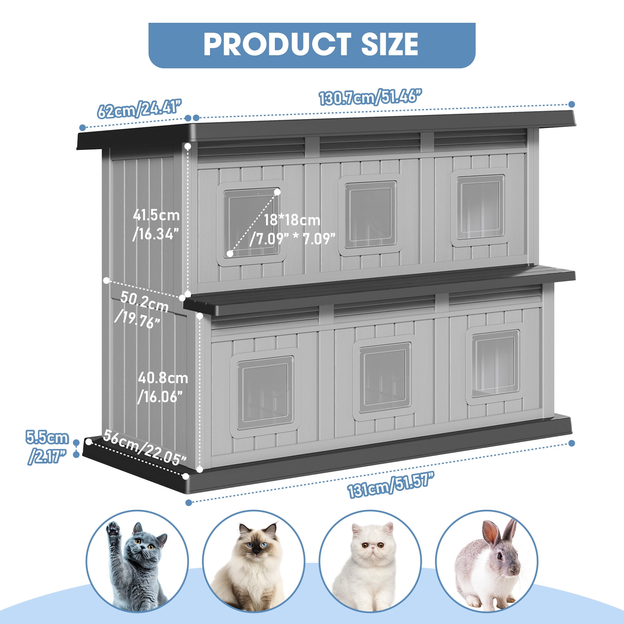 Bifanuo Outdoor Cat House,Double-Decker Resin Cat House,Weatherproof UV Protection Cat Shelter for Feral Cats,Assemble Easily for Home & Yard,Black&Gray