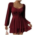 thumbnail image 2 of YueHuiYing Women's Square Neck Long Sleeve Mini Dress Ruched Corset Waist Tiered Ruffle Hem Short Party Dresses, 2 of 7