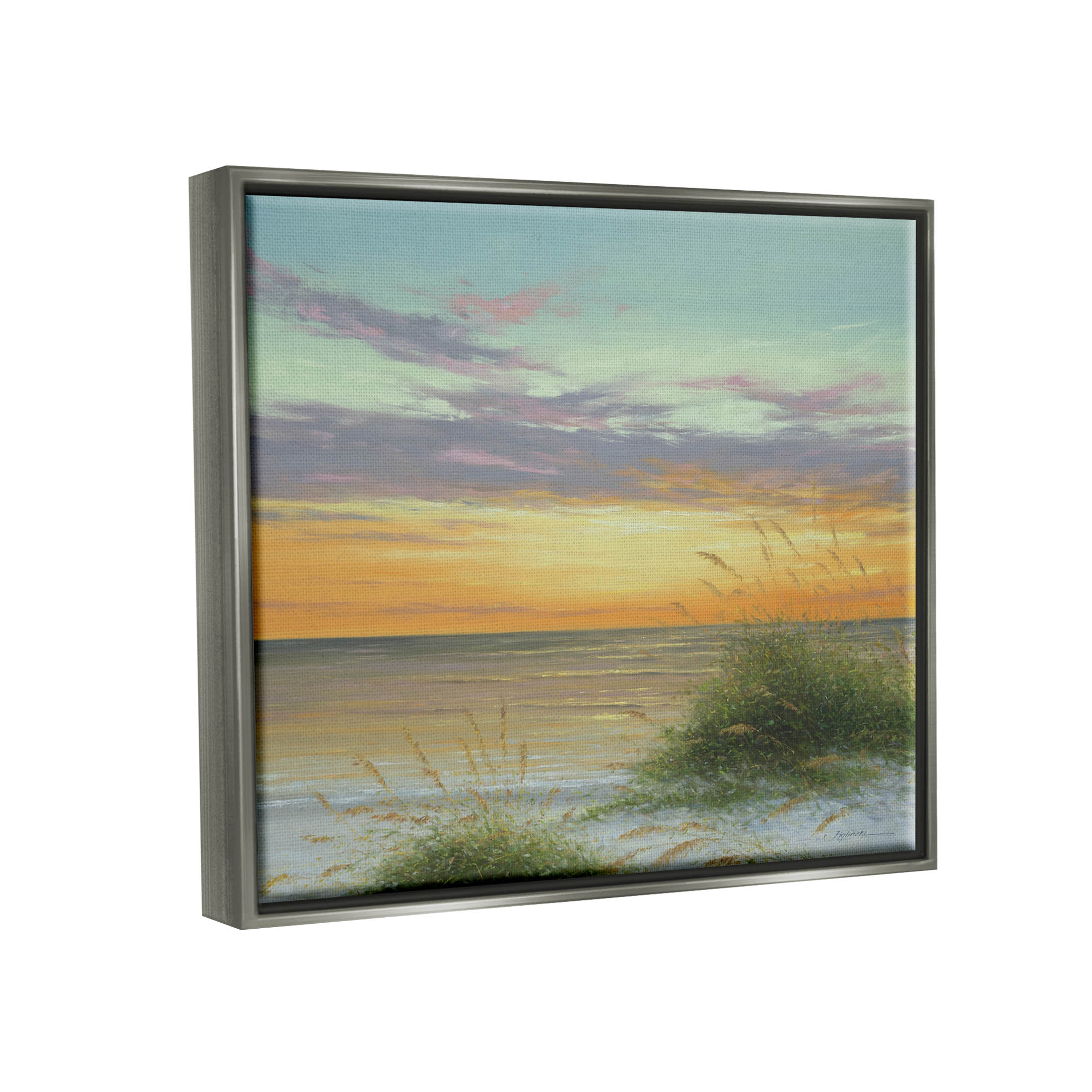 Coastal Reeds Sunset Beach Shore Coastal Painting Luster Gray Framed Art Print Wall Art