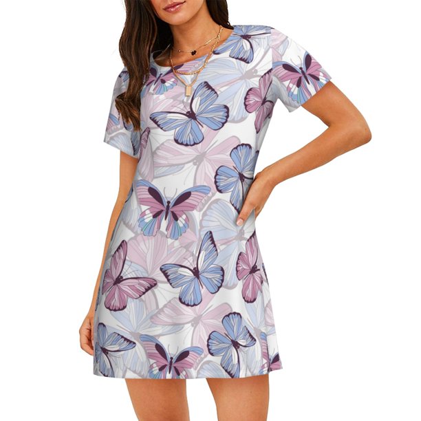 Fotbe Butterflies in Pastel Bata de Dormir para Mujer con Estampado, Camisón de Algodón de Manga Corta, Ropa de Dormir Casual