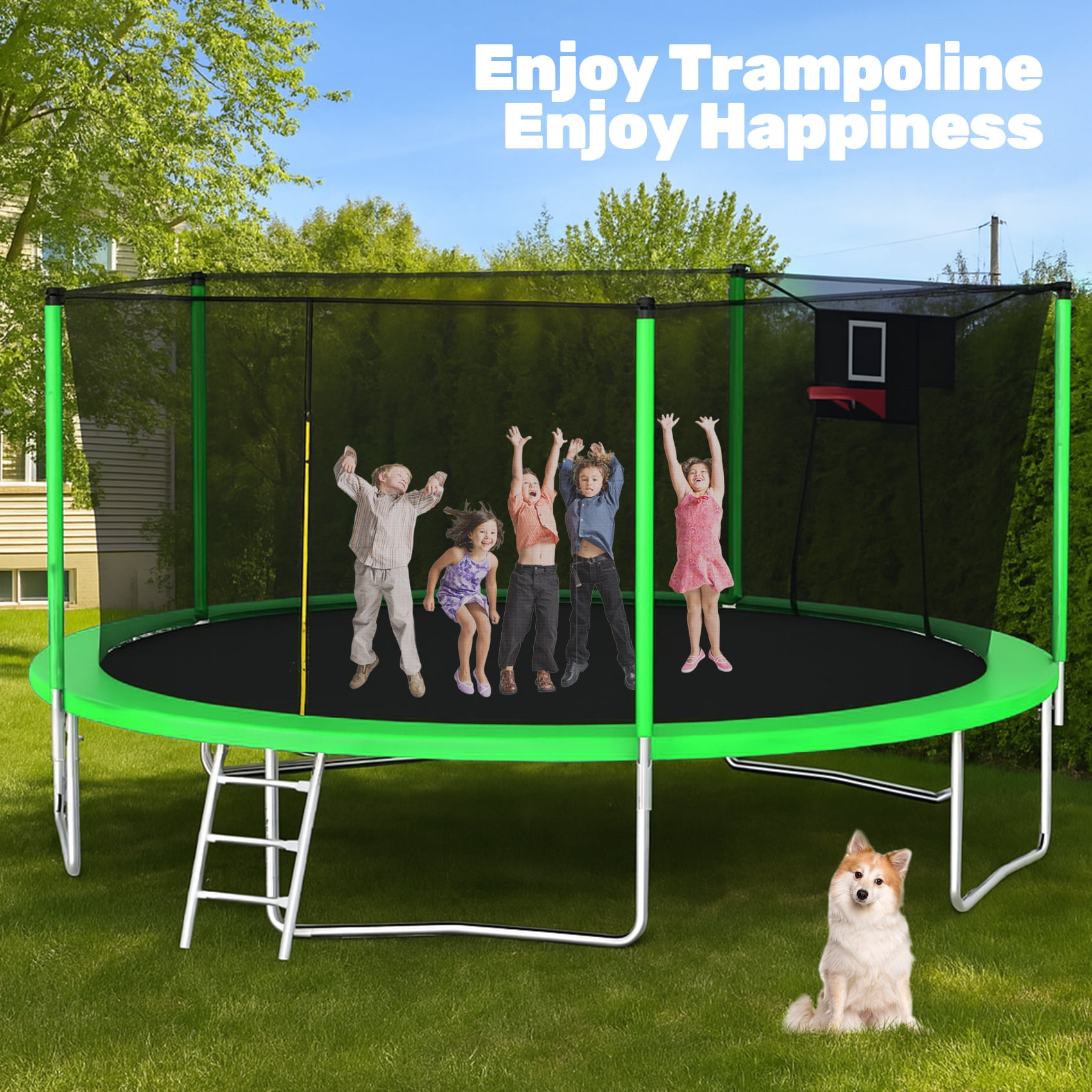 Alvantor Trampoline 14Ft for Kids Age 3-10, Round Trampolines with Basketball Hoop & Enclosure Net for Backyard Yard,Green
