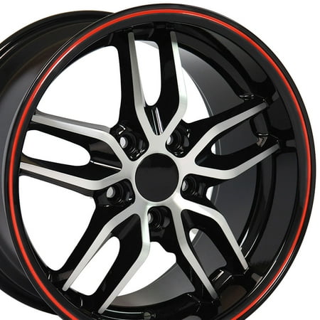 17x9.5 Wheel Fits Chevy Camaro Deep Dish Stingray Style Rim - Black with Machined Face & Red (Best Deep Dish Rims)