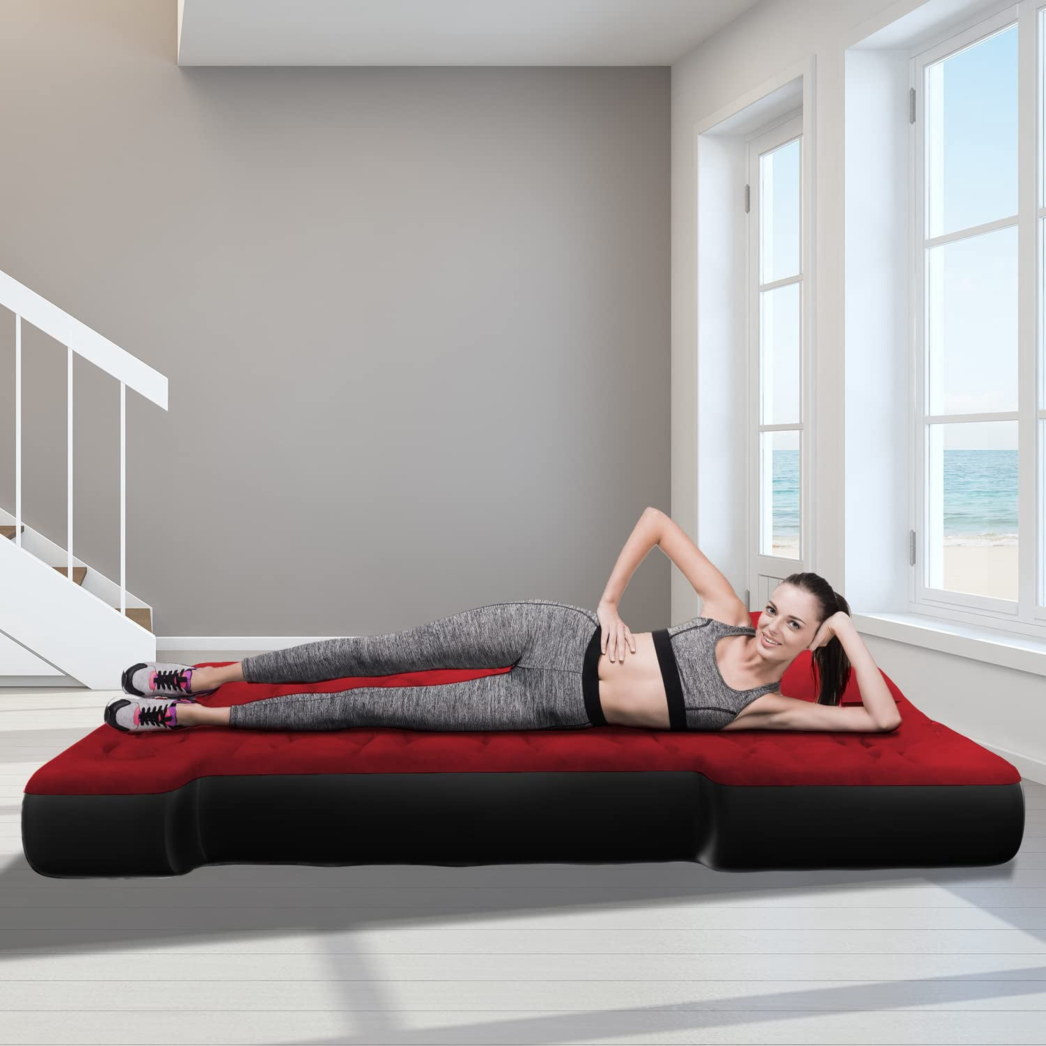 Truck Bed Air Mattress for 5.5'-5.8' Full Size Short Truck Bed Inflatable Camping Mattress with Pump & Carry Bag, Red