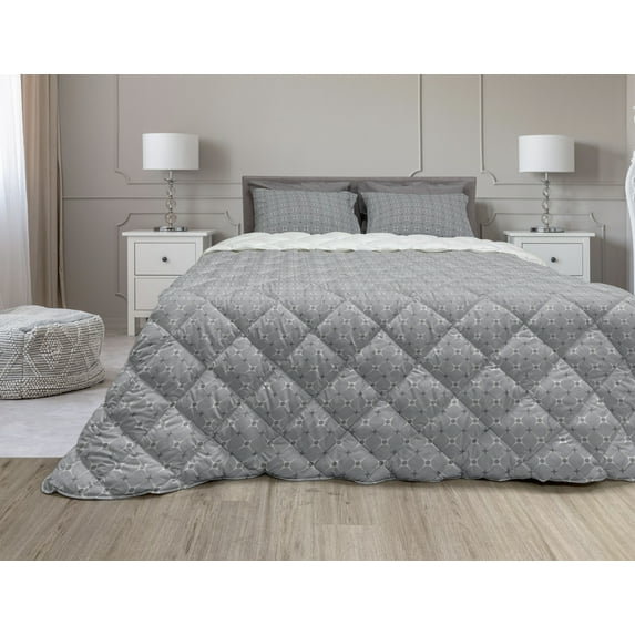 Abstract Comforter & Sham Bedding Set, Illustration of Repetitive Modern Rhombus Stars Symmetrical Geometry, 3 pcs Duvet Set Microfiber Filling Quilt, 5 Sizes, Dimgray Grey Pale Grey, by Ambesonne
