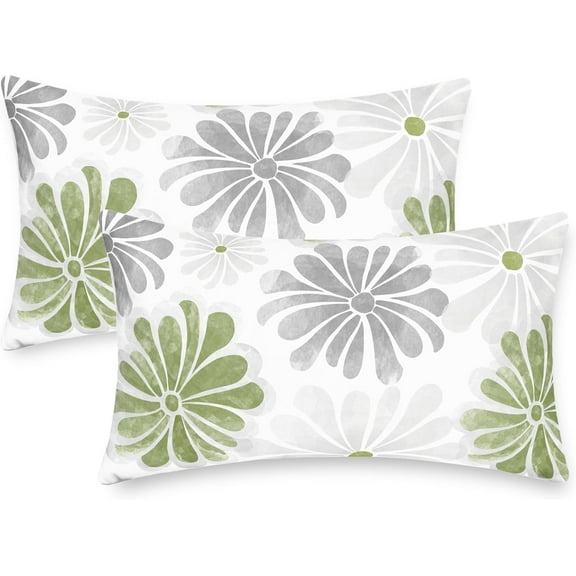 Throw Pillow Covers Decorative 12 X 20 Inches Pack of 2 Cozy Fleece Two-Tone Blooming Flowers Decorative Cushion Cases for Couch Bed Sofa Farmhouse Decoration Sage Green Grey