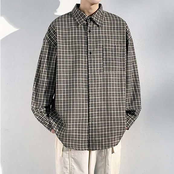 Long Sleeve Shirts for Men Button-Down Plus Size M-5X Big and Tall T-Shirts with Pocket and Collar Mens Casual Plaid Printed Work Shirt Tops