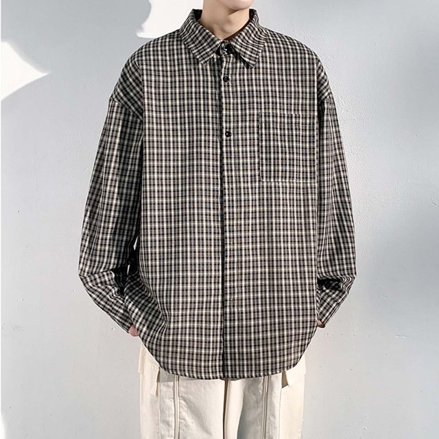 Blusa y camisa de manga larga con cuello vuelto para hombre, estilo informal, a cuadros, con bolsillos y botones, de licra
