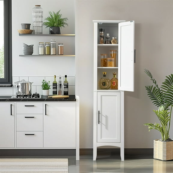 SalonMore Kitchen Bathroom Narrow Tall Storage Cabinet, Freestanding Kitchen Side Tower Organizer W/ 2 Door & Adjustable Shelf, White
