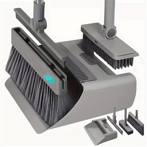 Juxiao 4-in-1 Broom and Dustpan Set, 50'' Long Handle with Comb Teeth & Floor Scraper, Pet Hair Cleaning Tool for Home, Kitchen & Office, Gray