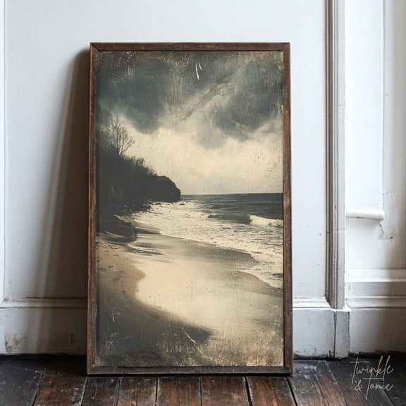 Vintage Coastal Seaside Muted Beach Wall Art Lake House Antique Ocean Decor Moody
