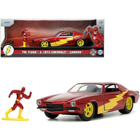 Diecast Dropshipper 33086 1-32 Scale 1973 Chevrolet Camaro with The Flash Diecast Figurine DC Comics Series Hollywood Rides Diecast Model Car, Metallic Red