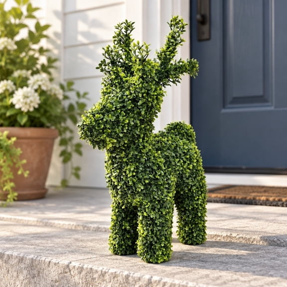 Christmas Boxwood Deer Topiary Decoration, Green Artificial Reindeer Statue for Indoor Outdoor Porch Tabletop Holiday Decor 20 cm