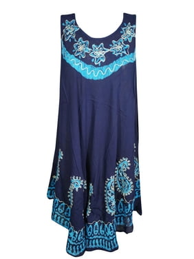 Mogul Womens Blue Batik Paisley Embroidered Tank Dress Sleeveless Flare Beach Wear Bikini Cover Up Dress S