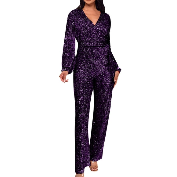 Casual Jumpsuit Long Sleeve Belted Sequin Jumpsuit Women'S Jumpsuit Purple M
