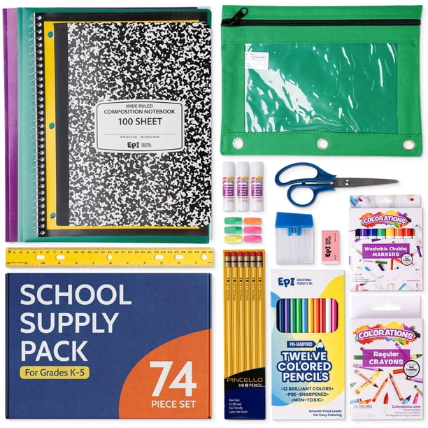 Kit de útiles escolares EPI de 74 piezas, rayado ancho, paquete para K-5