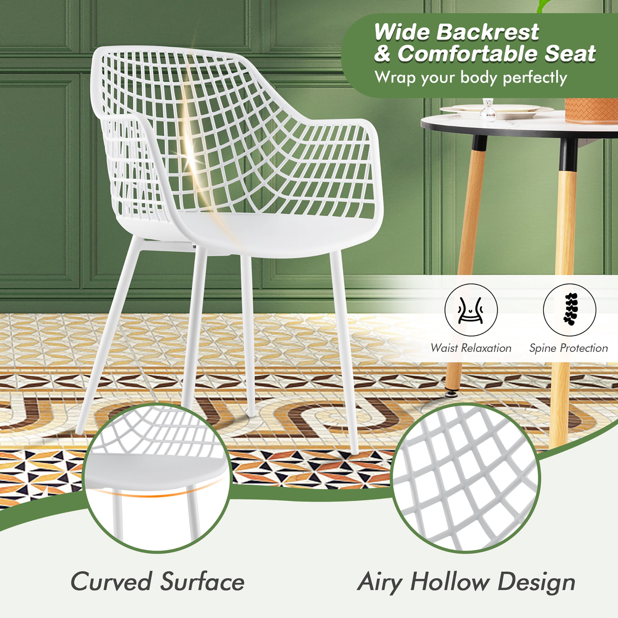 Costway Modern Dining Chair Set of 4 Plastic Shell Hollow withMetal Legs for Living Room White