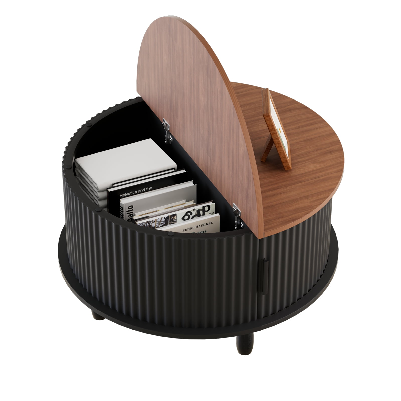 Strafriture Round Coffee Table with Storage, 30.7" Modern Coffee Table with 360° Curved Sliding Door, Fluted Wood Coffee Table with Footpads, Round Center Table for Living Room, Black