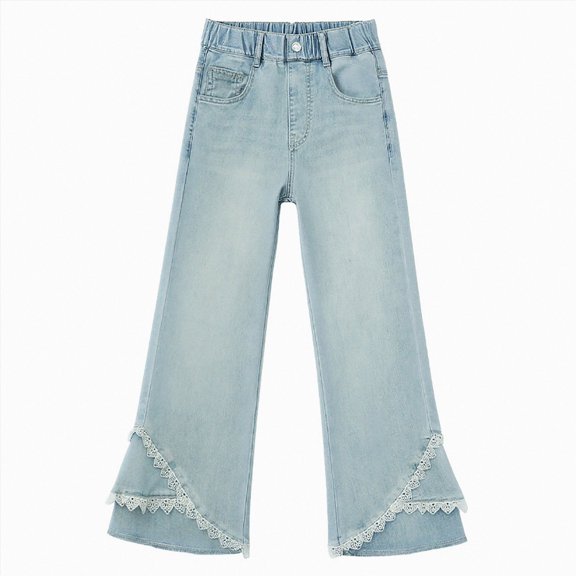CAUYDY Tween Flared Jeans for Girls Cute Print Elastic Waist Bell Bottom Trousers Lightweight Baggy Wide Leg Denim Pants with Pockets Sizes 13-14 Years
