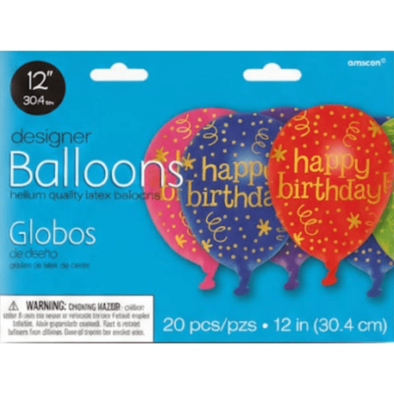 Amscan Designer “Happy Birthday” Latex Balloons, 12-Inch, Assorted Colors, 20-Count Party Pack