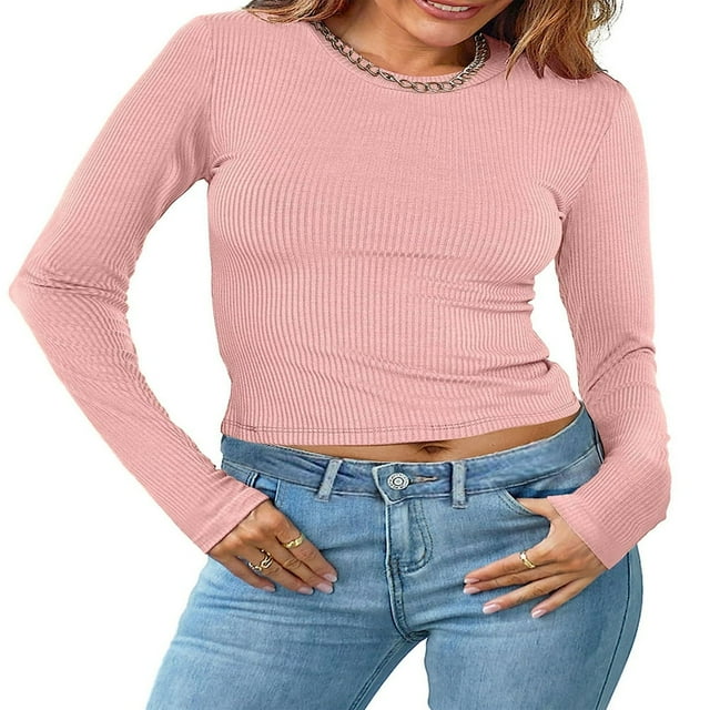 Womens Ribbed Long Sleeve Crewneck Shirts Fitted Sweaters Slim Fit Basic Casual Tops S/M/L/XL