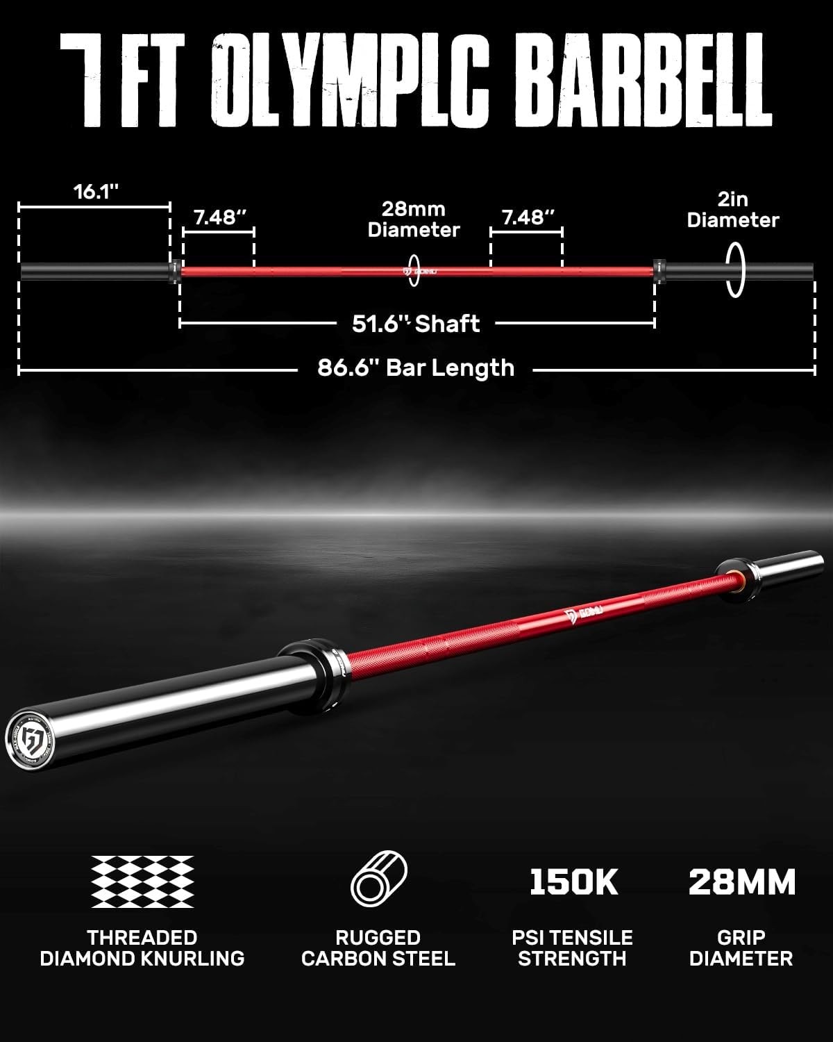 7FT Olympic Barbell, Weight Bar with Knurled Grip, 1000lb Capacity Strength Training Deadlift Bar for Squat, Weightlifting, Bench Press, Fits 2-inch Standard Weight Plates