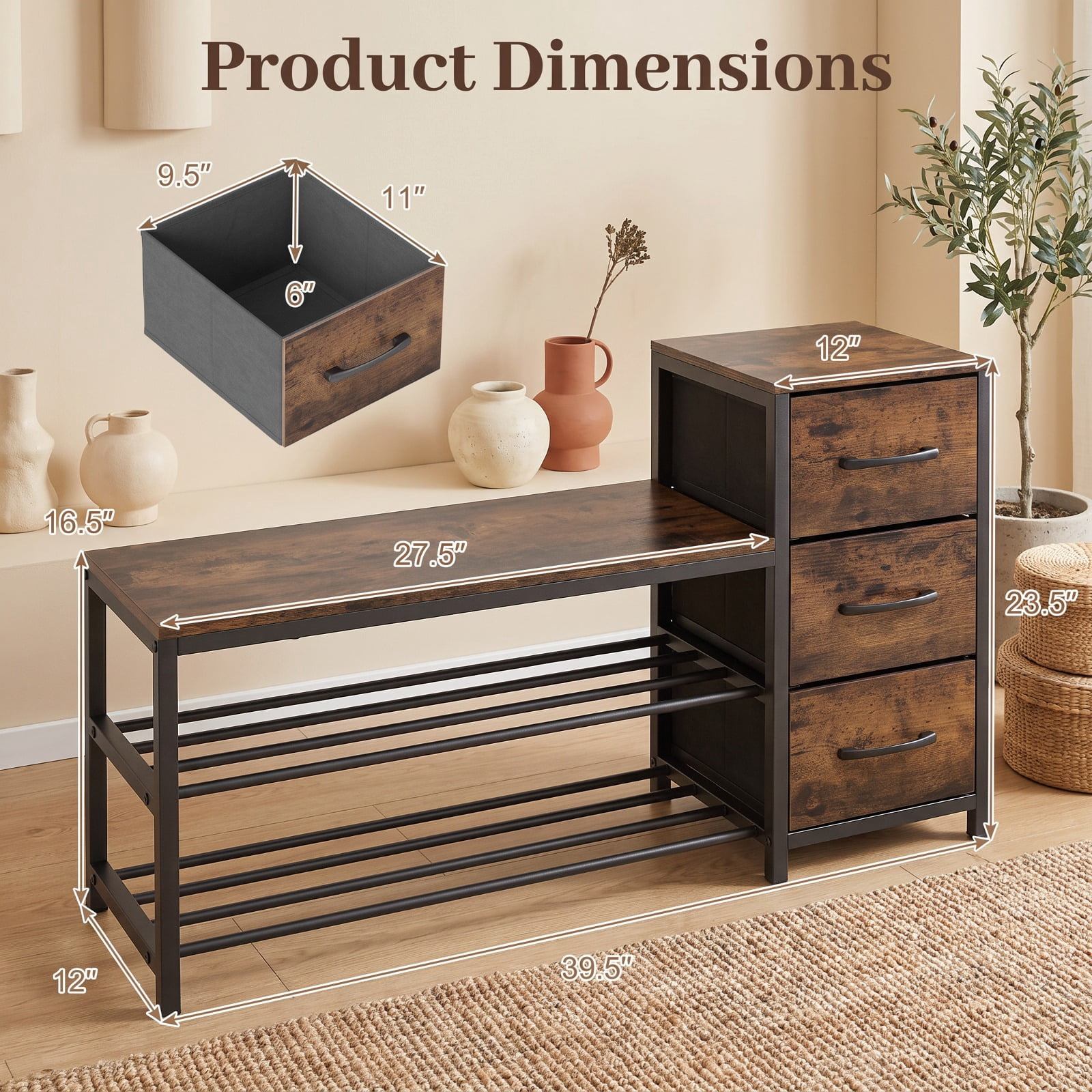 Furnibear 3 Tier Industrial Shoe Bench with 3 Removable Fabric Drawers and Anti Toppling Kits for Entryway Shoe Storage, Rustic Brown