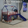 thumbnail image 3 of Bellemave Twin Loft Bed with Slide, Metal Junior House Bed with Curtain Set, Low Loft Beds Frame with Pennant Banner Flag and Star Stickers（Red+Blue）, 3 of 9