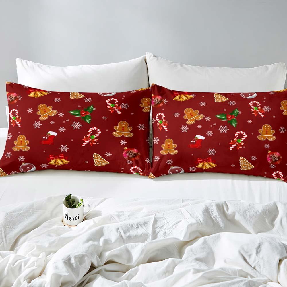 LUVIVIHOME 2PCS Red Christmas Duvet Cover Twin Bedding Sets, Boys Girls Kids Bedding, Xmas Cute Gingerbread Man Candy Cane Jingle Bell Snowflake Holiday Christmas Comforter Quilt Cover, 1 Pillow Sham