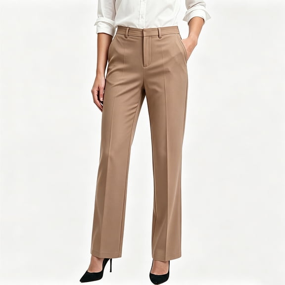Usloyux Women's High Waisted Straight Leg Trousers with Pockets Dressy Pants for Office Casual Workwear, Khaki L