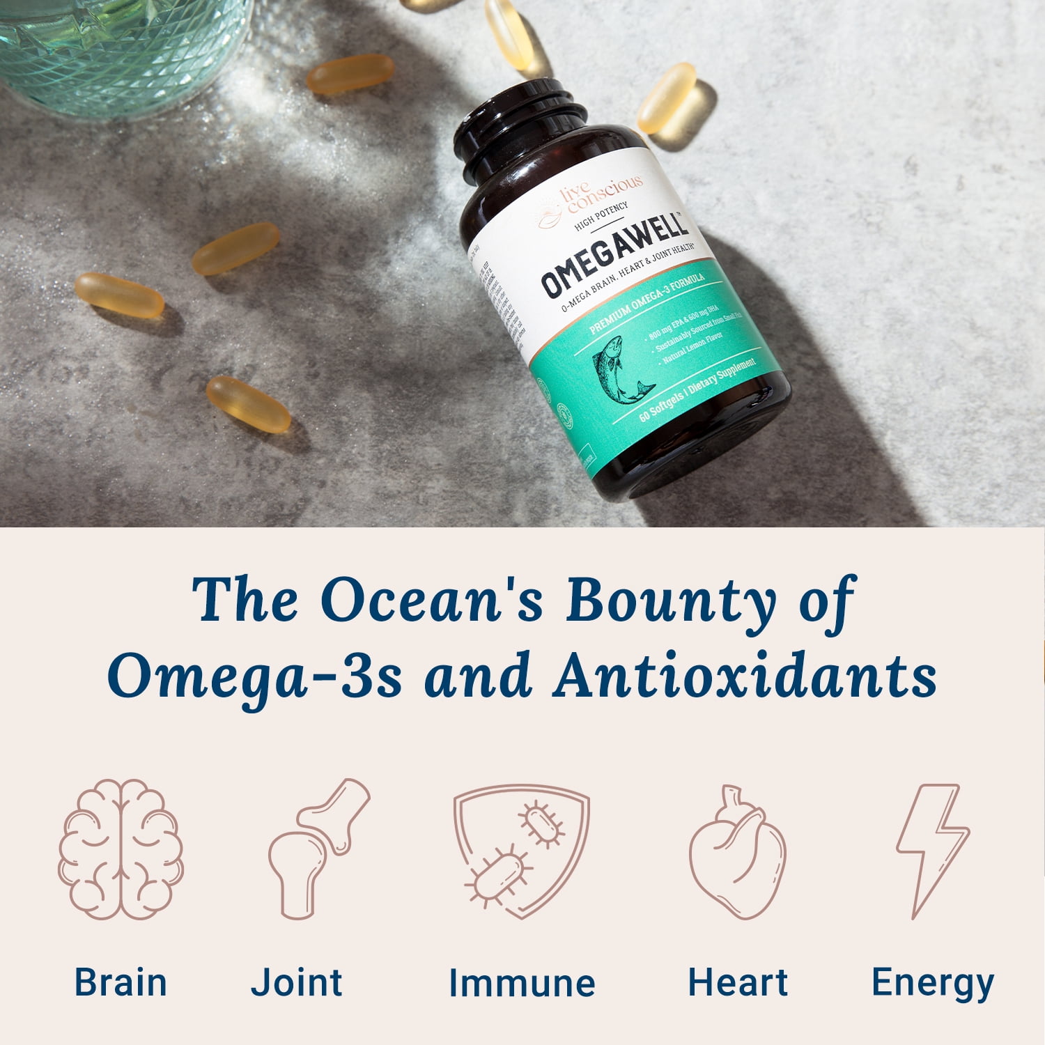 Live Conscious OmegaWell Fish Oil, Heart & Brain Health Support, 60 Softgels