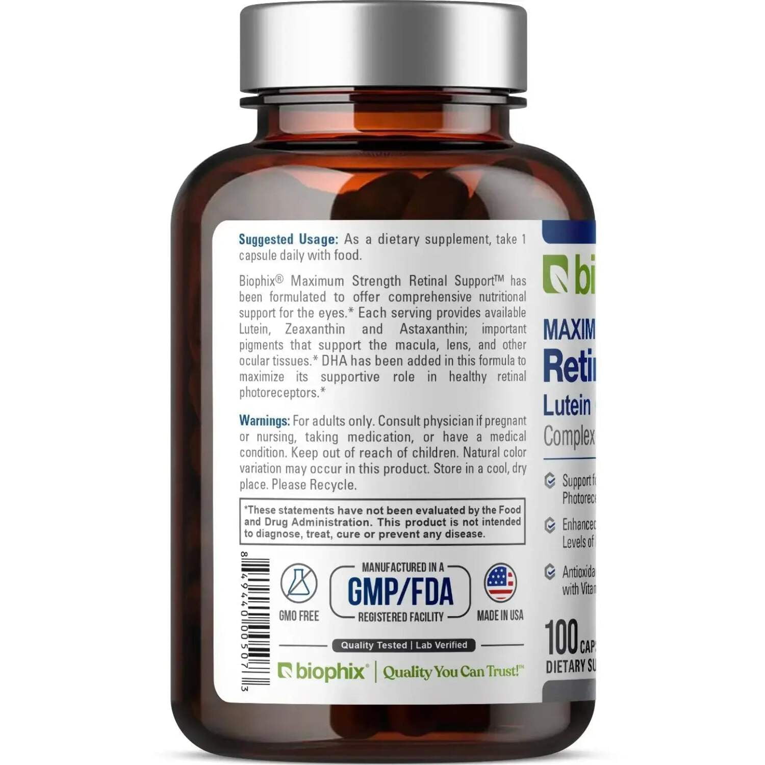 biophix Retinal Support Maximum Strength Complex Formula 100 Capsules - Zinc Vitamin C E Lutein DHA Omega-3 Astaxanthin Hyaluronic Acid - Supports Eye Vision Health