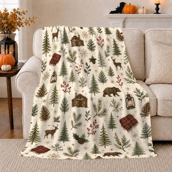 Rustic Woodland Nature Print, Festive Holiday Scene, Warm Flannel Blanket for Cabin and Lodge with Detailed Artwork, Art Lovers Housewarming Gift, Artistic Home Decor